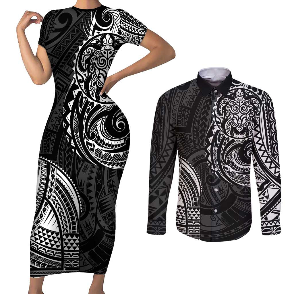 Polynesian Turtle Tribal Tattoo Couples Matching Short Sleeve Bodycon Dress and Long Sleeve Button Shirt Black Style LT9 Black - Polynesian Pride