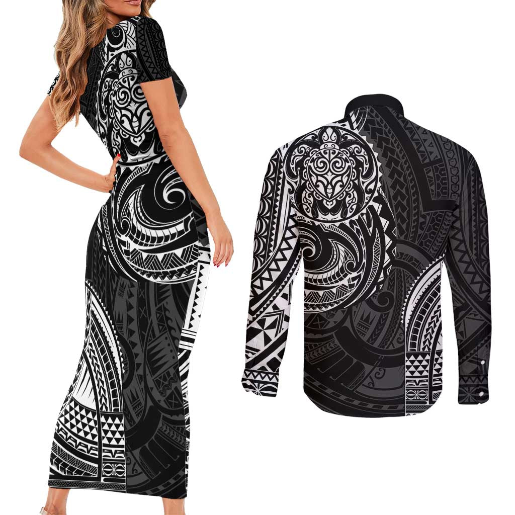 Polynesian Turtle Tribal Tattoo Couples Matching Short Sleeve Bodycon Dress and Long Sleeve Button Shirt Black Style