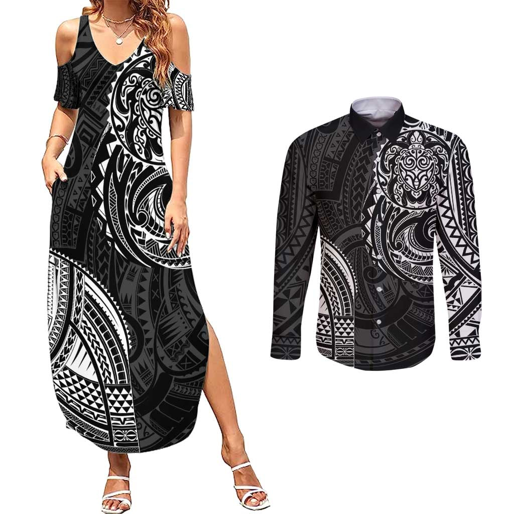 Polynesian Turtle Tribal Tattoo Couples Matching Summer Maxi Dress and Long Sleeve Button Shirt Black Style LT9 Black - Polynesian Pride