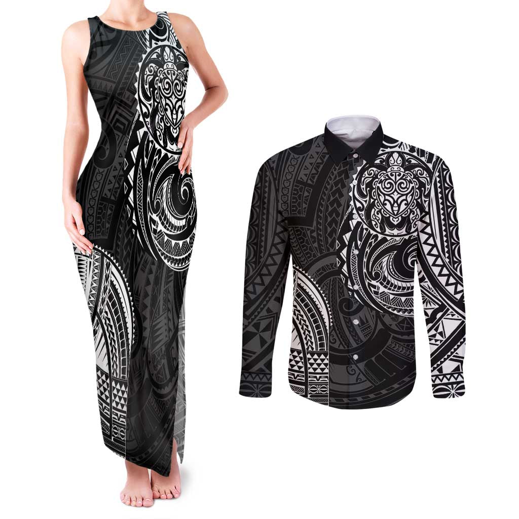 Polynesian Turtle Tribal Tattoo Couples Matching Tank Maxi Dress and Long Sleeve Button Shirt Black Style LT9 Black - Polynesian Pride