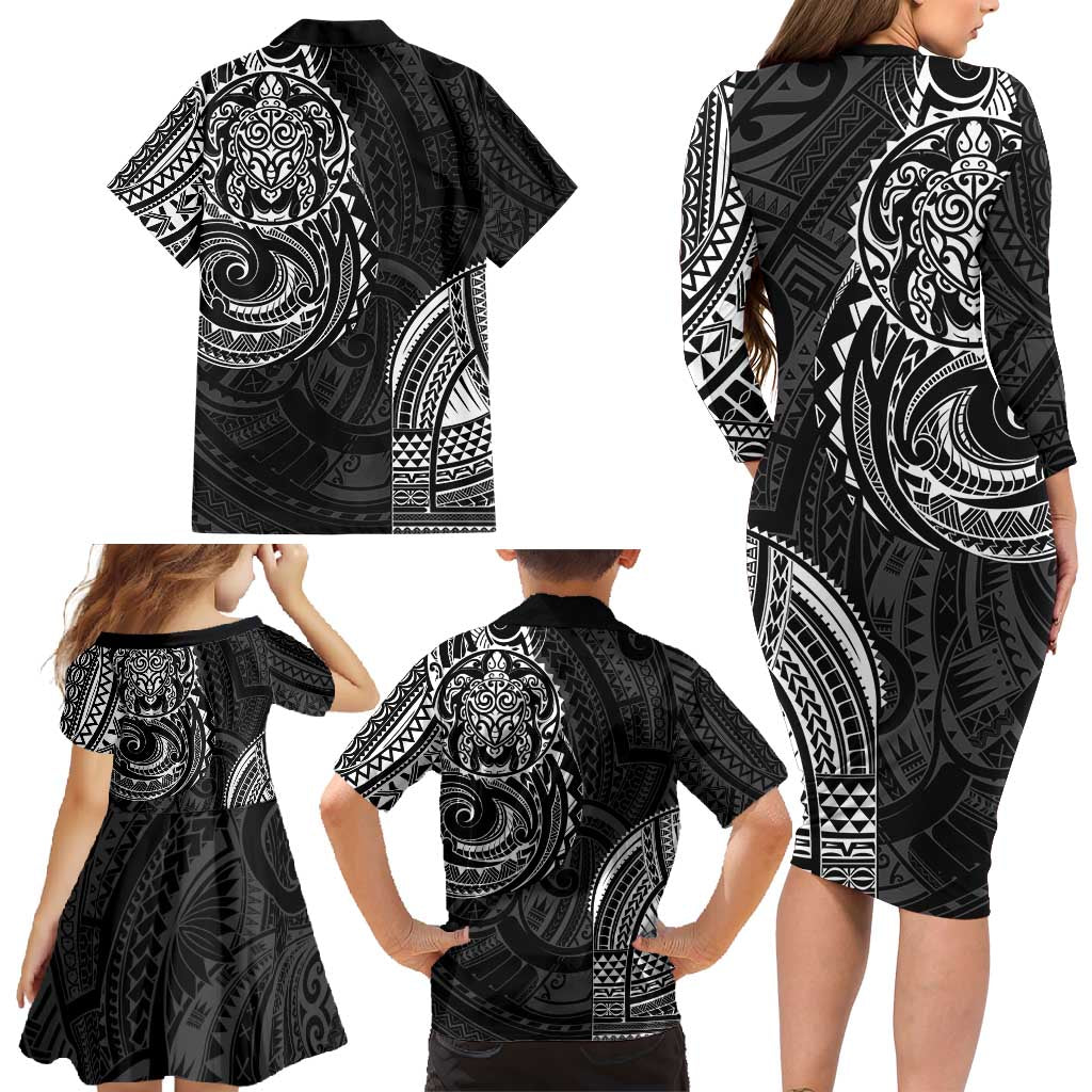 Polynesian Turtle Tribal Tattoo Family Matching Long Sleeve Bodycon Dress and Hawaiian Shirt Black Style LT9 - Polynesian Pride