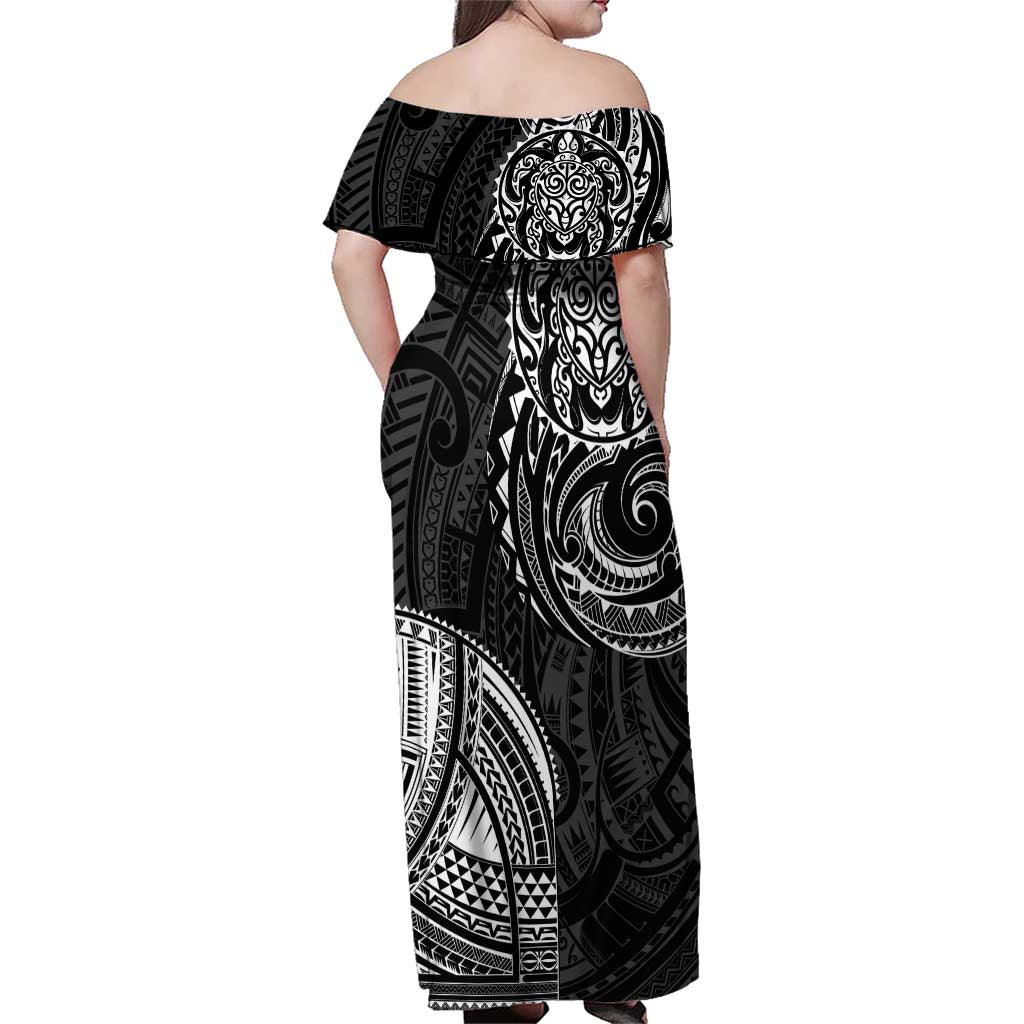 Polynesian Turtle Tribal Tattoo Family Matching Off Shoulder Maxi Dress and Hawaiian Shirt Black Style LT9 - Polynesian Pride