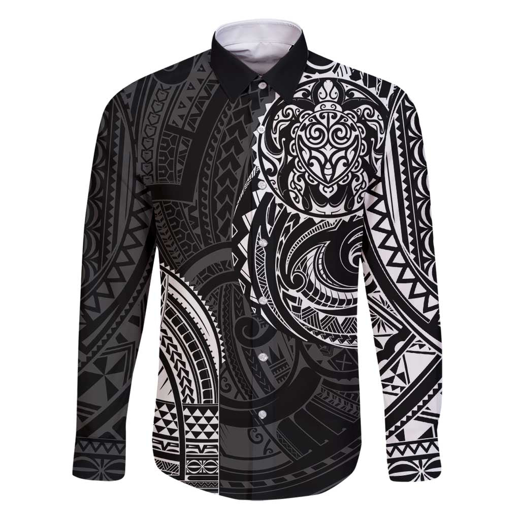 Polynesian Turtle Tribal Tattoo Family Matching Puletasi and Hawaiian Shirt Black Style LT9 Dad's Shirt - Long Sleeve Black - Polynesian Pride