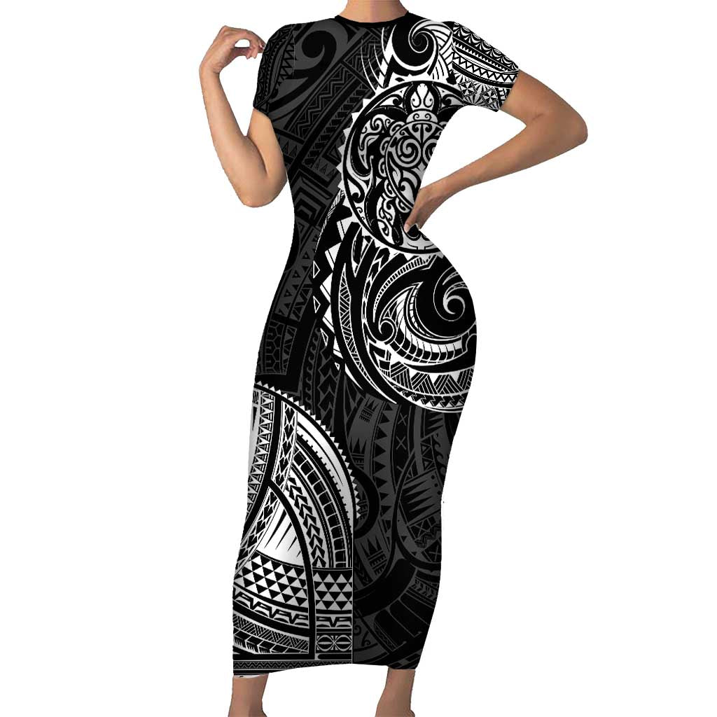 Polynesian Turtle Tribal Tattoo Short Sleeve Bodycon Dress Black Style LT9 Long Dress Black - Polynesian Pride