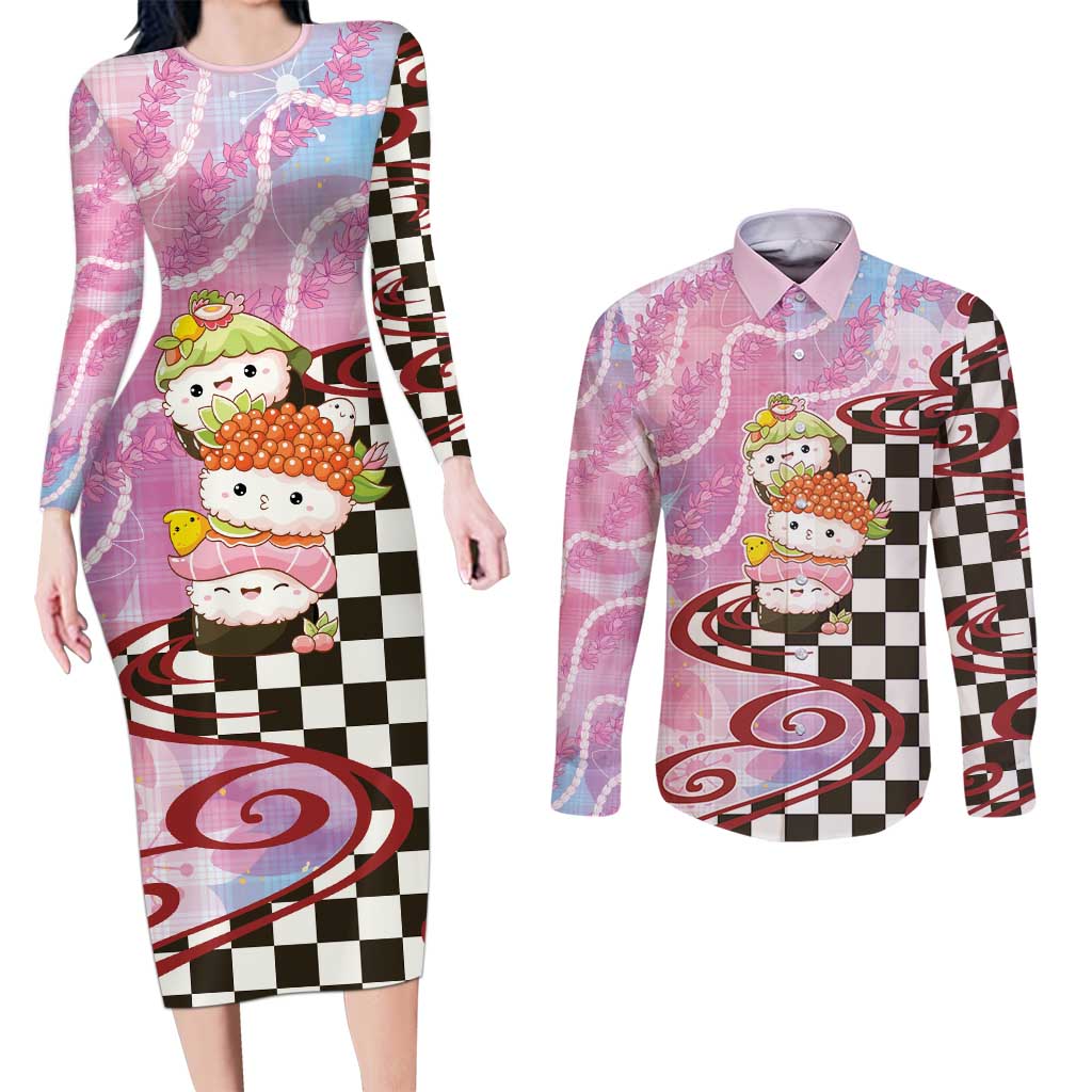 Personalized Japanese Kawaii Sushi Roll Couples Matching Long Sleeve Bodycon Dress and Long Sleeve Button Shirt Wagara Palaka Pattern LT9 Pink - Polynesian Pride