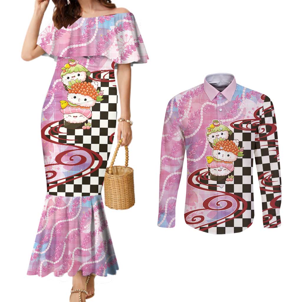 Personalized Japanese Kawaii Sushi Roll Couples Matching Mermaid Dress and Long Sleeve Button Shirt Wagara Palaka Pattern LT9 Pink - Polynesian Pride