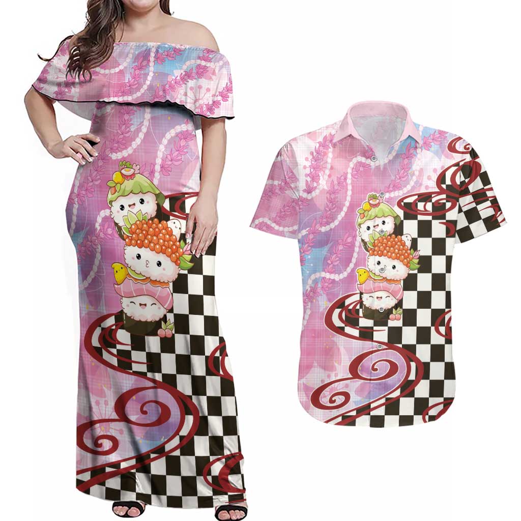Personalized Japanese Kawaii Sushi Roll Couples Matching Off Shoulder Maxi Dress and Hawaiian Shirt Wagara Palaka Pattern LT9 Pink - Polynesian Pride