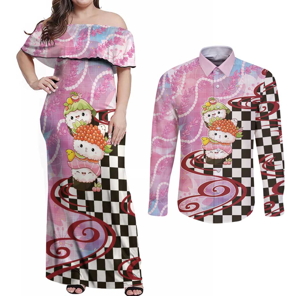 Personalized Japanese Kawaii Sushi Roll Couples Matching Off Shoulder Maxi Dress and Long Sleeve Button Shirt Wagara Palaka Pattern LT9 Pink - Polynesian Pride