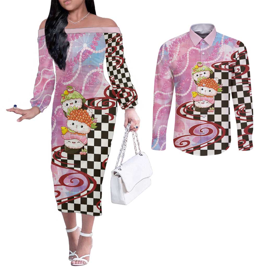 Personalized Japanese Kawaii Sushi Roll Couples Matching Off The Shoulder Long Sleeve Dress and Long Sleeve Button Shirt Wagara Palaka Pattern LT9 Pink - Polynesian Pride