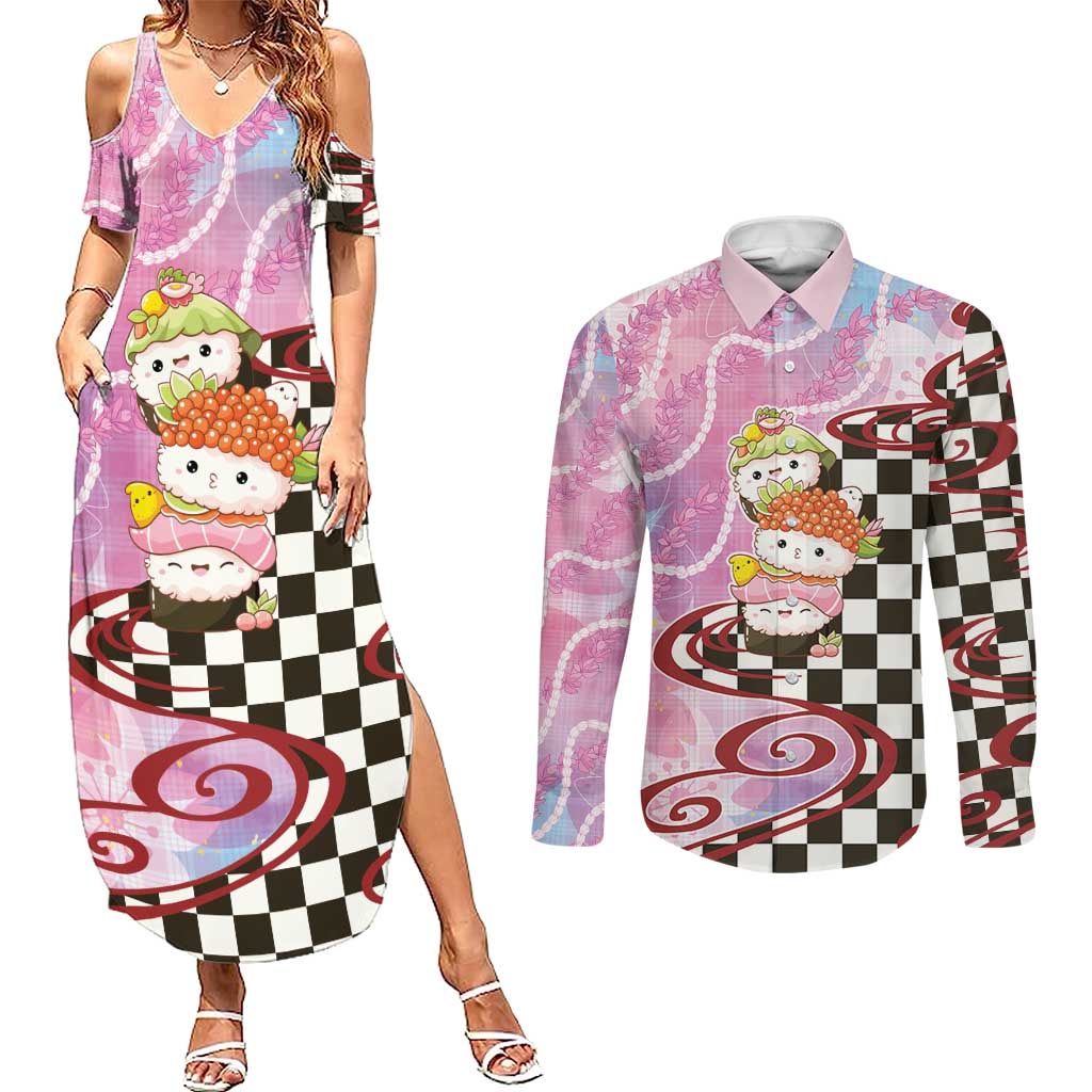 Personalized Japanese Kawaii Sushi Roll Couples Matching Summer Maxi Dress and Long Sleeve Button Shirt Wagara Palaka Pattern LT9 Pink - Polynesian Pride