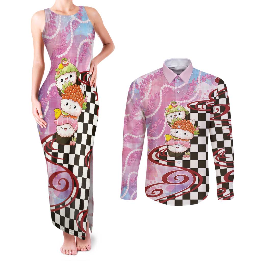 Personalized Japanese Kawaii Sushi Roll Couples Matching Tank Maxi Dress and Long Sleeve Button Shirt Wagara Palaka Pattern LT9 Pink - Polynesian Pride