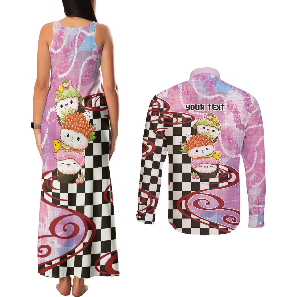Personalized Japanese Kawaii Sushi Roll Couples Matching Tank Maxi Dress and Long Sleeve Button Shirt Wagara Palaka Pattern