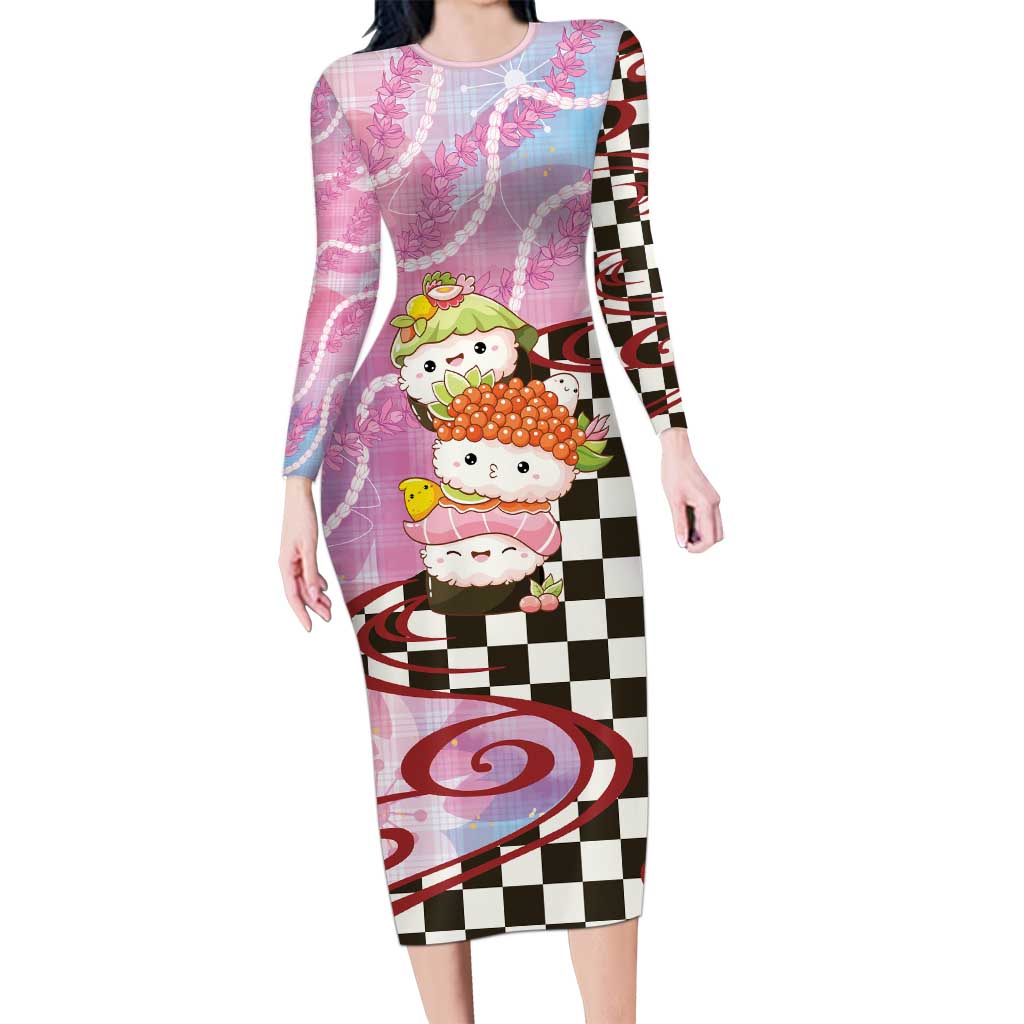Personalized Japanese Kawaii Sushi Roll Family Matching Long Sleeve Bodycon Dress and Hawaiian Shirt Wagara Palaka Pattern LT9 Mom's Dress Pink - Polynesian Pride