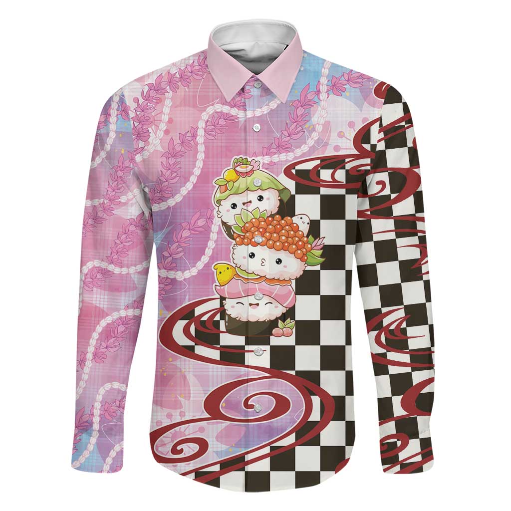 Personalized Japanese Kawaii Sushi Roll Family Matching Summer Maxi Dress and Hawaiian Shirt Wagara Palaka Pattern LT9 Dad's Shirt - Long Sleeve Pink - Polynesian Pride