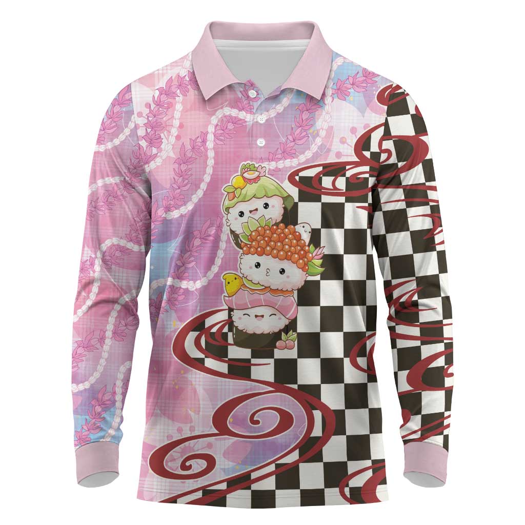 Personalized Japanese Kawaii Sushi Roll Long Sleeve Polo Shirt Wagara Palaka Pattern LT9 Pink - Polynesian Pride