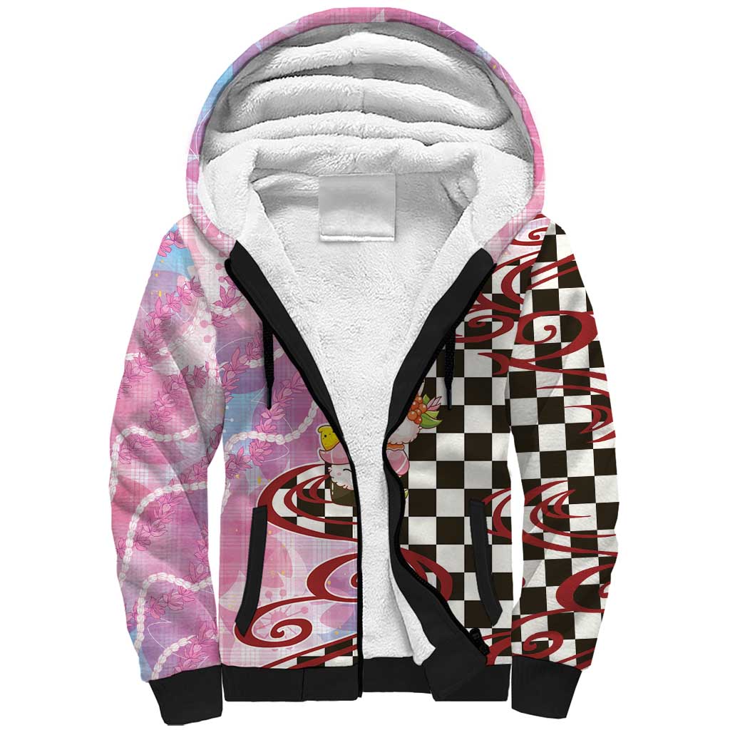 Personalized Japanese Kawaii Sushi Roll Sherpa Hoodie Wagara Palaka Pattern LT9 Unisex Pink - Polynesian Pride