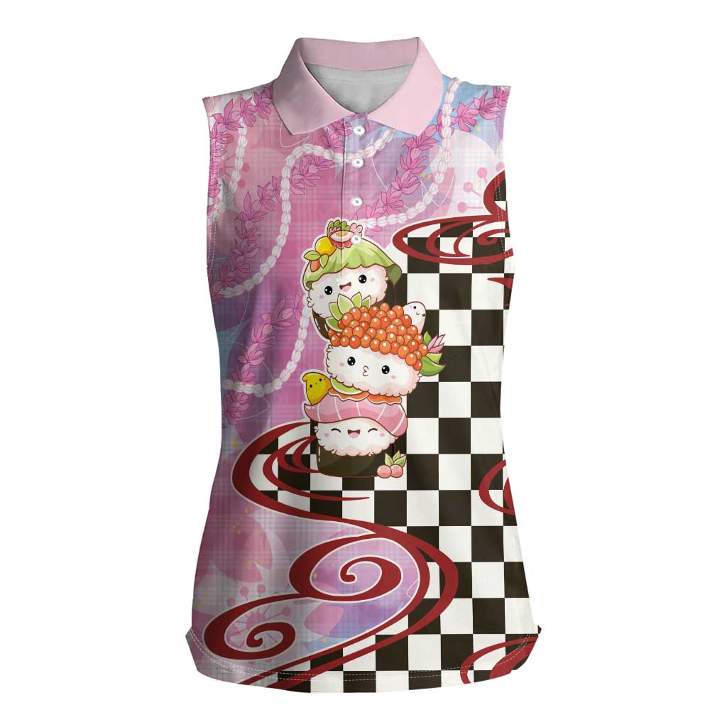 Personalized Japanese Kawaii Sushi Roll Women Sleeveless Polo Shirt Wagara Palaka Pattern LT9 Female Pink - Polynesian Pride