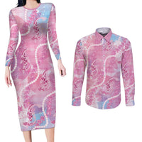 Japanese Koi Fish Couples Matching Long Sleeve Bodycon Dress and Long Sleeve Button Shirt Pink Wagara Palaka Honohono Pikake Lei LT9 Pink - Polynesian Pride
