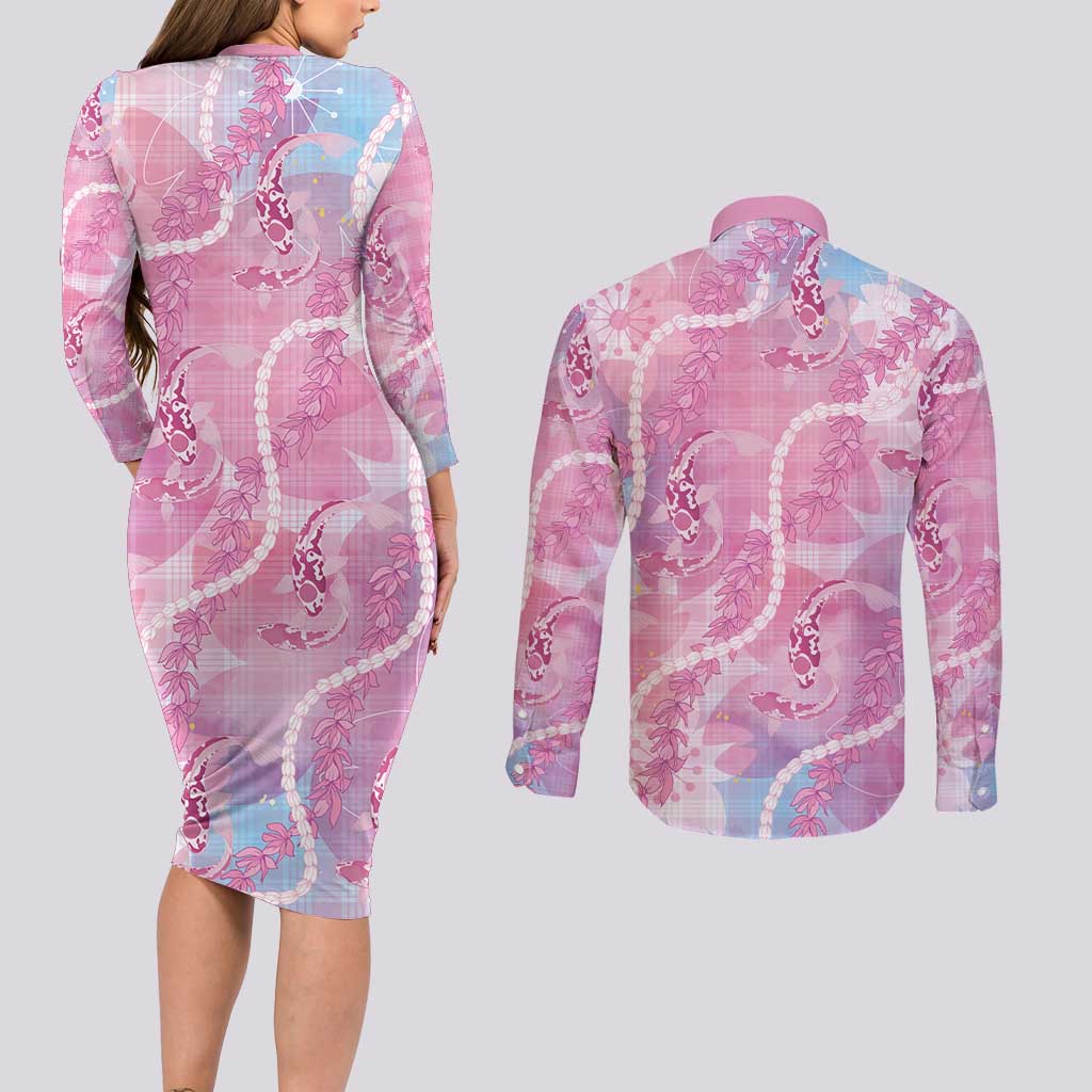 Japanese Koi Fish Couples Matching Long Sleeve Bodycon Dress and Long Sleeve Button Shirt Pink Wagara Palaka Honohono Pikake Lei LT9 - Polynesian Pride