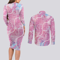 Japanese Koi Fish Couples Matching Long Sleeve Bodycon Dress and Long Sleeve Button Shirt Pink Wagara Palaka Honohono Pikake Lei LT9 - Polynesian Pride