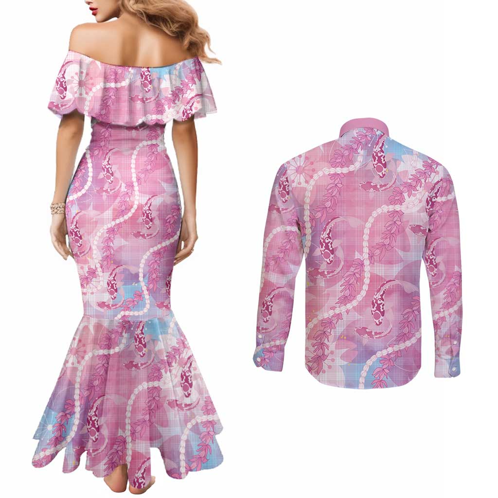 Japanese Koi Fish Couples Matching Mermaid Dress and Long Sleeve Button Shirt Pink Wagara Palaka Honohono Pikake Lei LT9 - Polynesian Pride