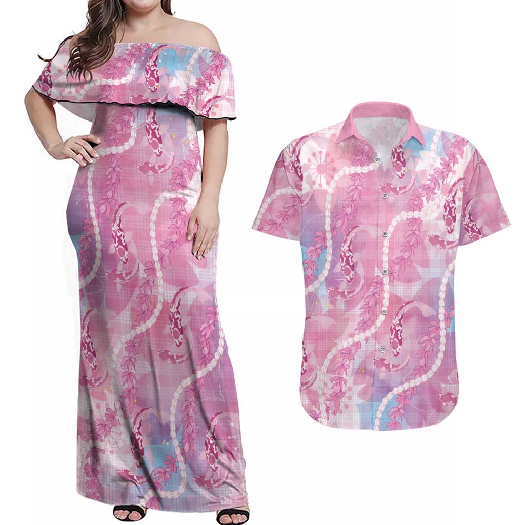 Japanese Koi Fish Couples Matching Off Shoulder Maxi Dress and Hawaiian Shirt Pink Wagara Palaka Honohono Pikake Lei LT9 Pink - Polynesian Pride