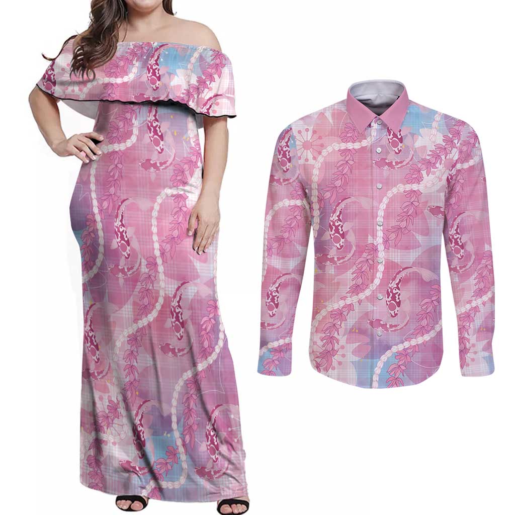 Japanese Koi Fish Couples Matching Off Shoulder Maxi Dress and Long Sleeve Button Shirt Pink Wagara Palaka Honohono Pikake Lei LT9 Pink - Polynesian Pride