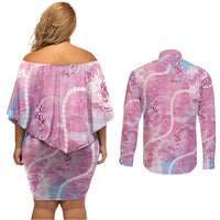 Japanese Koi Fish Couples Matching Off Shoulder Short Dress and Long Sleeve Button Shirt Pink Wagara Palaka Honohono Pikake Lei LT9 - Polynesian Pride