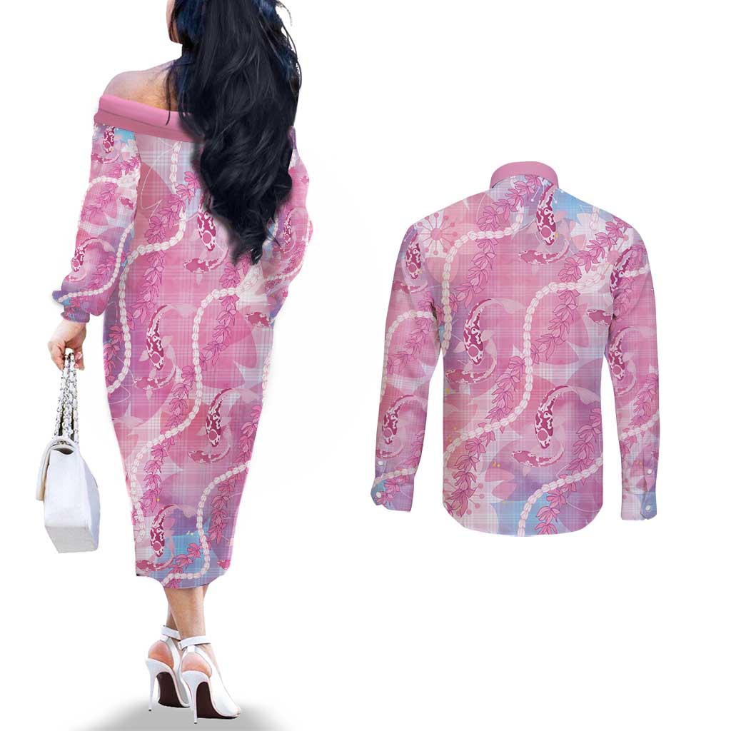 Japanese Koi Fish Couples Matching Off The Shoulder Long Sleeve Dress and Long Sleeve Button Shirt Pink Wagara Palaka Honohono Pikake Lei LT9 - Polynesian Pride