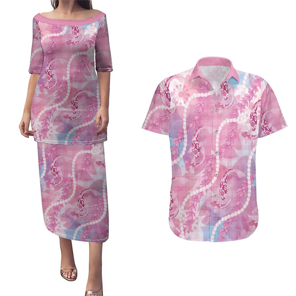 Japanese Koi Fish Couples Matching Puletasi and Hawaiian Shirt Pink Wagara Palaka Honohono Pikake Lei