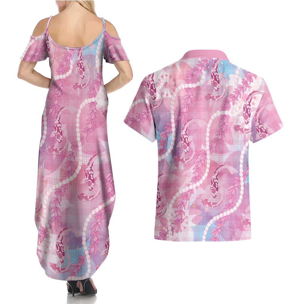 Japanese Koi Fish Couples Matching Summer Maxi Dress and Hawaiian Shirt Pink Wagara Palaka Honohono Pikake Lei LT9 - Polynesian Pride