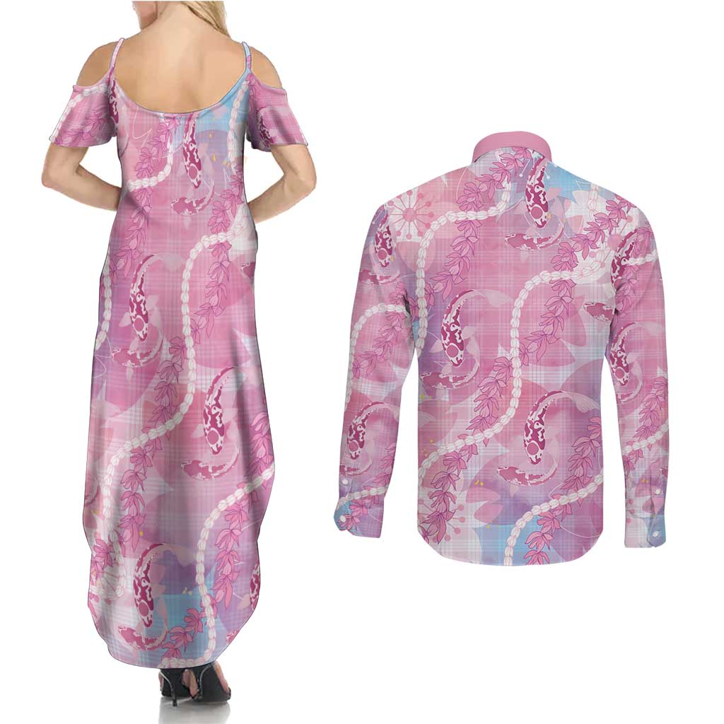 Japanese Koi Fish Couples Matching Summer Maxi Dress and Long Sleeve Button Shirt Pink Wagara Palaka Honohono Pikake Lei LT9 - Polynesian Pride