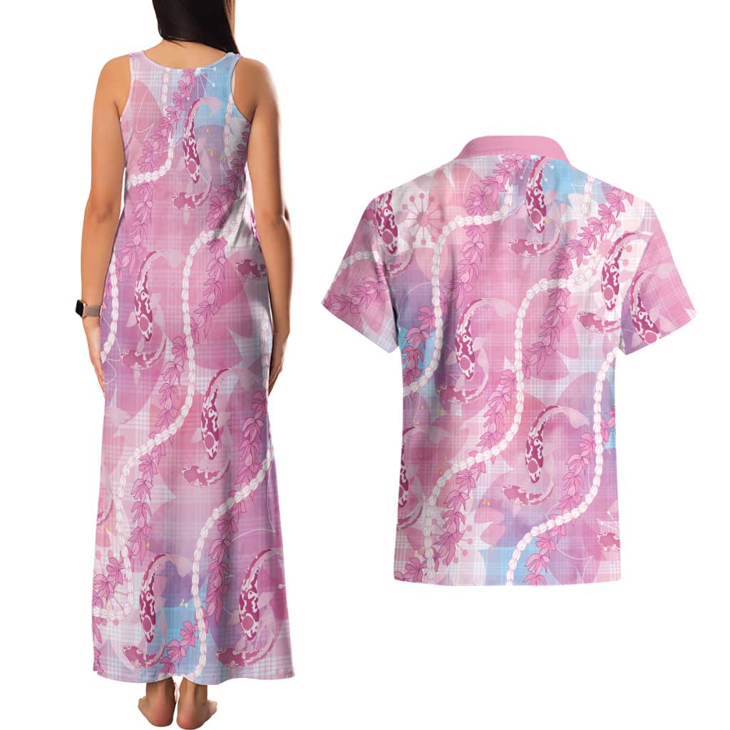 Japanese Koi Fish Couples Matching Tank Maxi Dress and Hawaiian Shirt Pink Wagara Palaka Honohono Pikake Lei LT9 - Polynesian Pride
