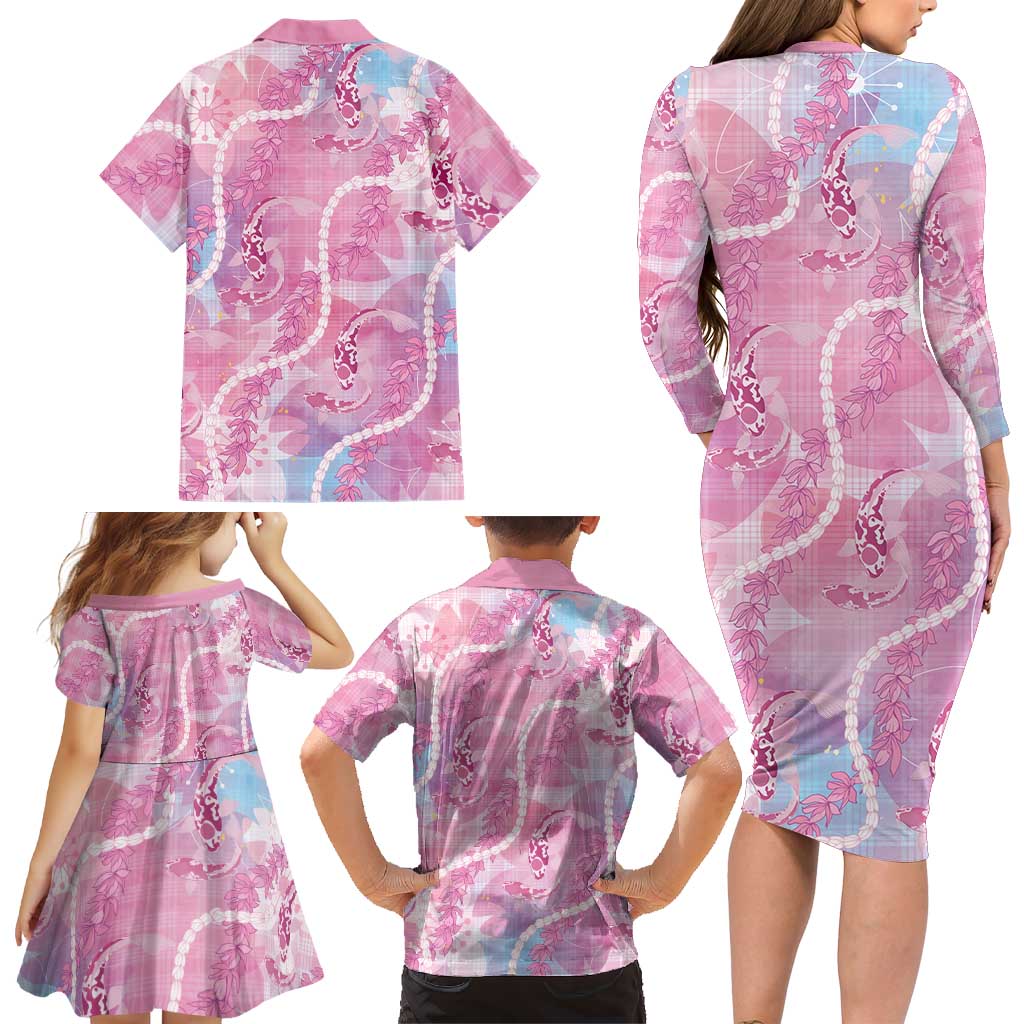 Japanese Koi Fish Family Matching Long Sleeve Bodycon Dress and Hawaiian Shirt Pink Wagara Palaka Honohono Pikake Lei LT9 - Polynesian Pride