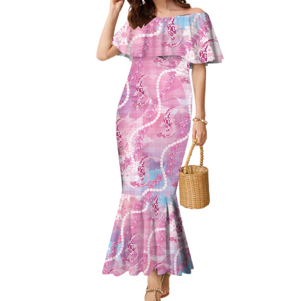 Japanese Koi Fish Family Matching Mermaid Dress and Hawaiian Shirt Pink Wagara Palaka Honohono Pikake Lei LT9 Mom's Dress Pink - Polynesian Pride