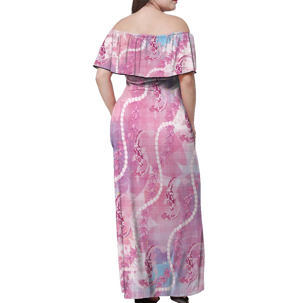 Japanese Koi Fish Off Shoulder Maxi Dress Pink Wagara Palaka Honohono Pikake Lei LT9 - Polynesian Pride
