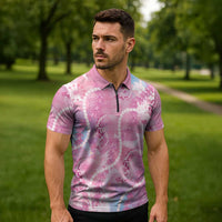 Japanese Koi Fish Zipper Polo Shirt Pink Wagara Palaka Honohono Pikake Lei LT9 - Polynesian Pride