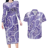 Japanese Koi Fish Couples Matching Long Sleeve Bodycon Dress and Hawaiian Shirt Purple Wagara Palaka Honohono Pikake Lei LT9 Purple - Polynesian Pride