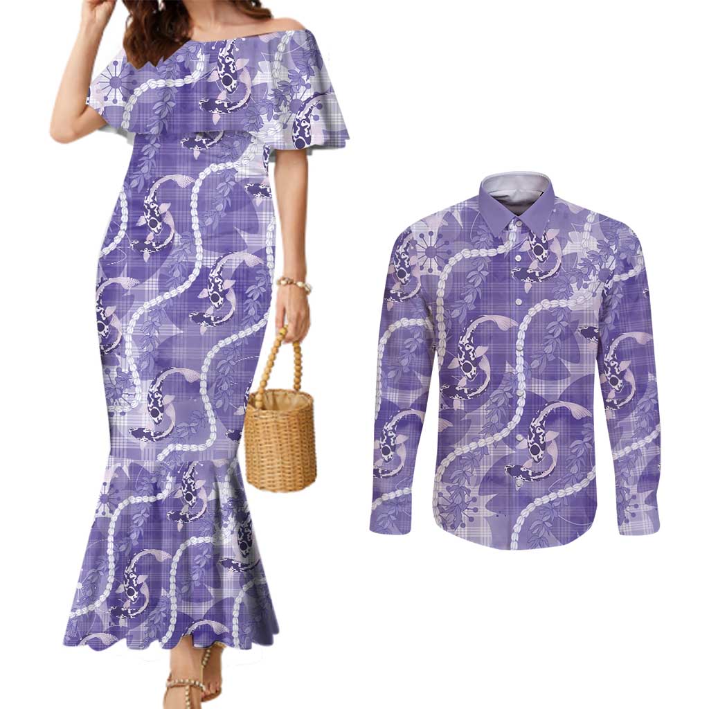 Japanese Koi Fish Couples Matching Mermaid Dress and Long Sleeve Button Shirt Purple Wagara Palaka Honohono Pikake Lei LT9 Purple - Polynesian Pride