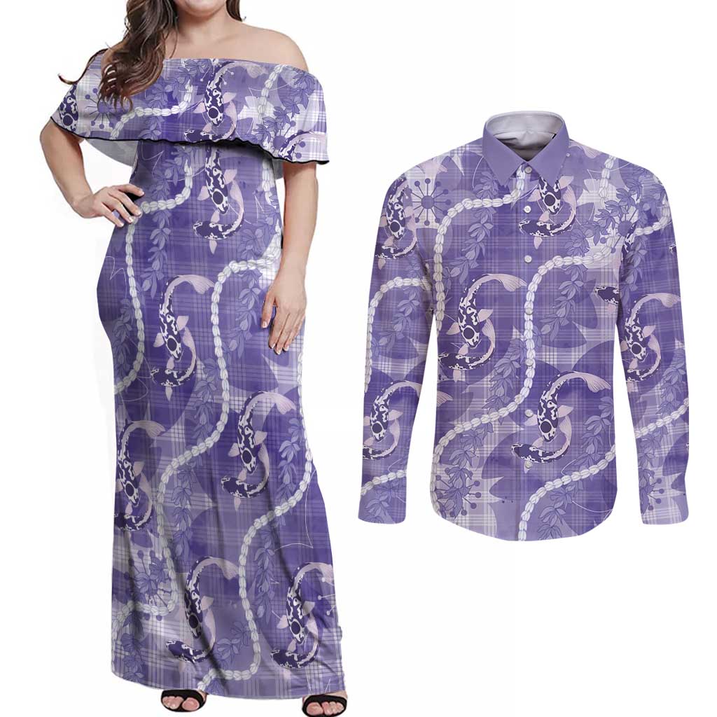 Japanese Koi Fish Couples Matching Off Shoulder Maxi Dress and Long Sleeve Button Shirt Purple Wagara Palaka Honohono Pikake Lei LT9 Purple - Polynesian Pride