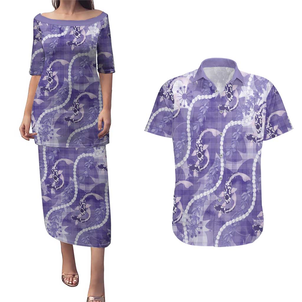 Japanese Koi Fish Couples Matching Puletasi and Hawaiian Shirt Purple Wagara Palaka Honohono Pikake Lei LT9 Purple - Polynesian Pride