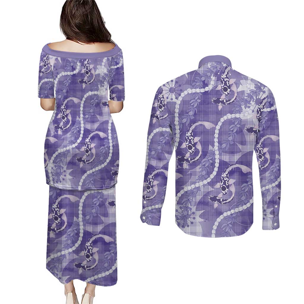 Japanese Koi Fish Couples Matching Puletasi and Long Sleeve Button Shirt Purple Wagara Palaka Honohono Pikake Lei LT9 - Polynesian Pride