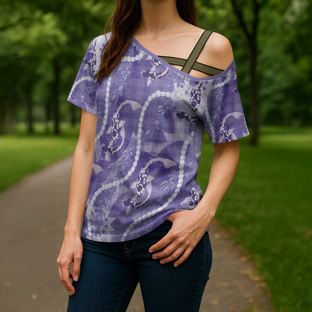 Japanese Koi Fish Cross Shoulder Shirt Purple Wagara Palaka Honohono Pikake Lei LT9 - Polynesian Pride