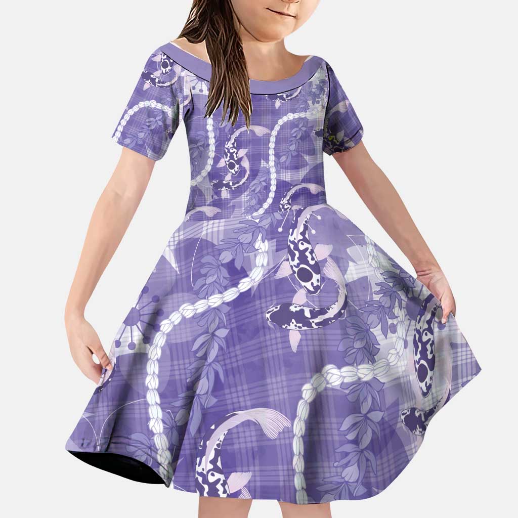 Japanese Koi Fish Family Matching Summer Maxi Dress and Hawaiian Shirt Purple Wagara Palaka Honohono Pikake Lei LT9 Daughter's Dress Purple - Polynesian Pride
