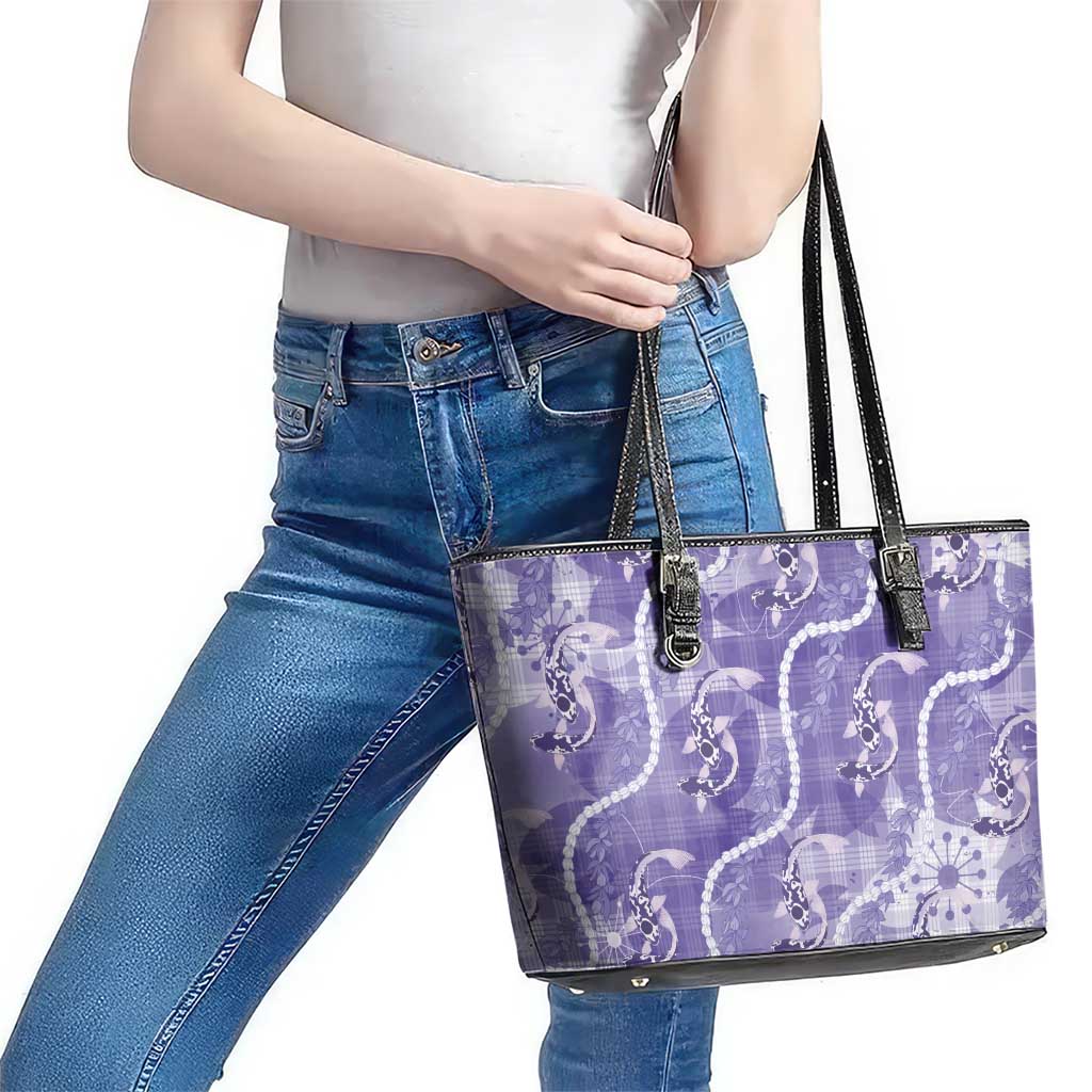 Japanese Koi Fish Leather Tote Bag Purple Wagara Palaka Honohono Pikake Lei LT9 - Polynesian Pride