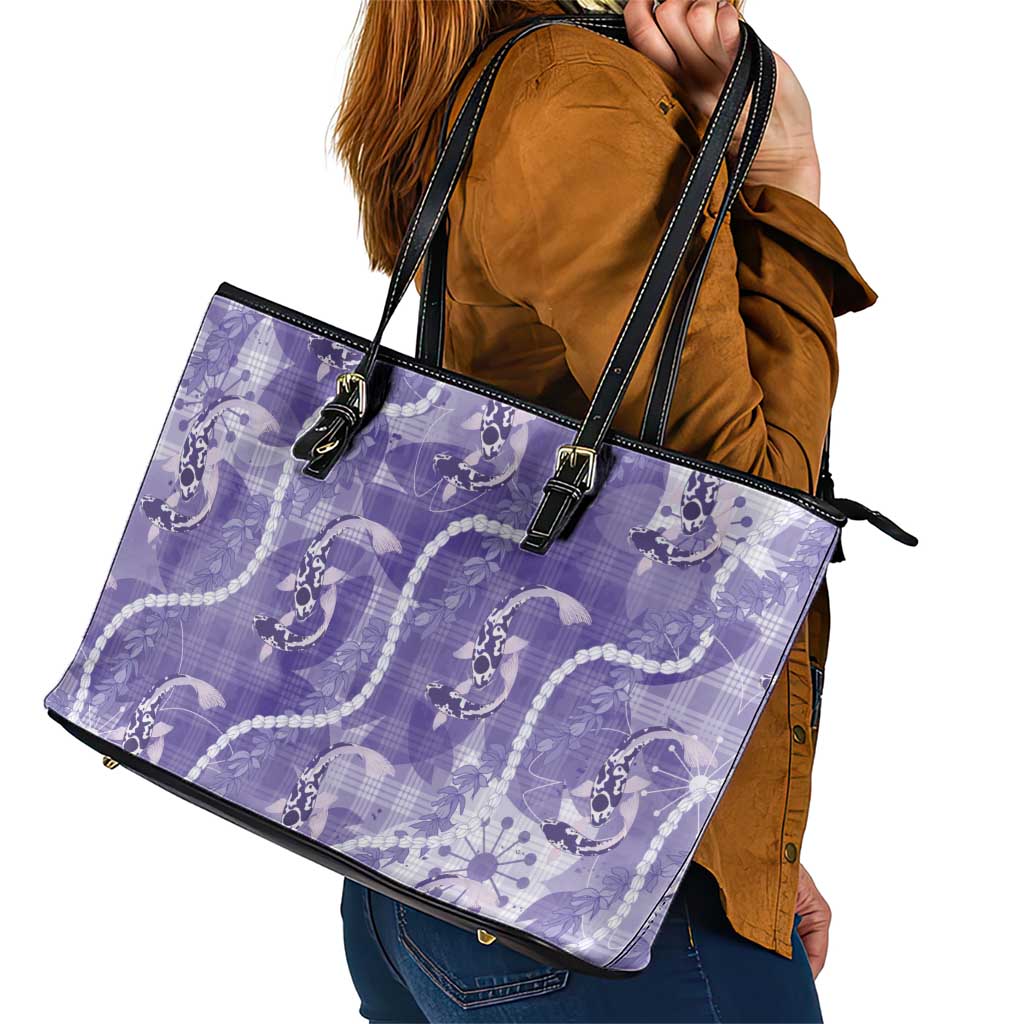 Japanese Koi Fish Leather Tote Bag Purple Wagara Palaka Honohono Pikake Lei LT9 - Polynesian Pride