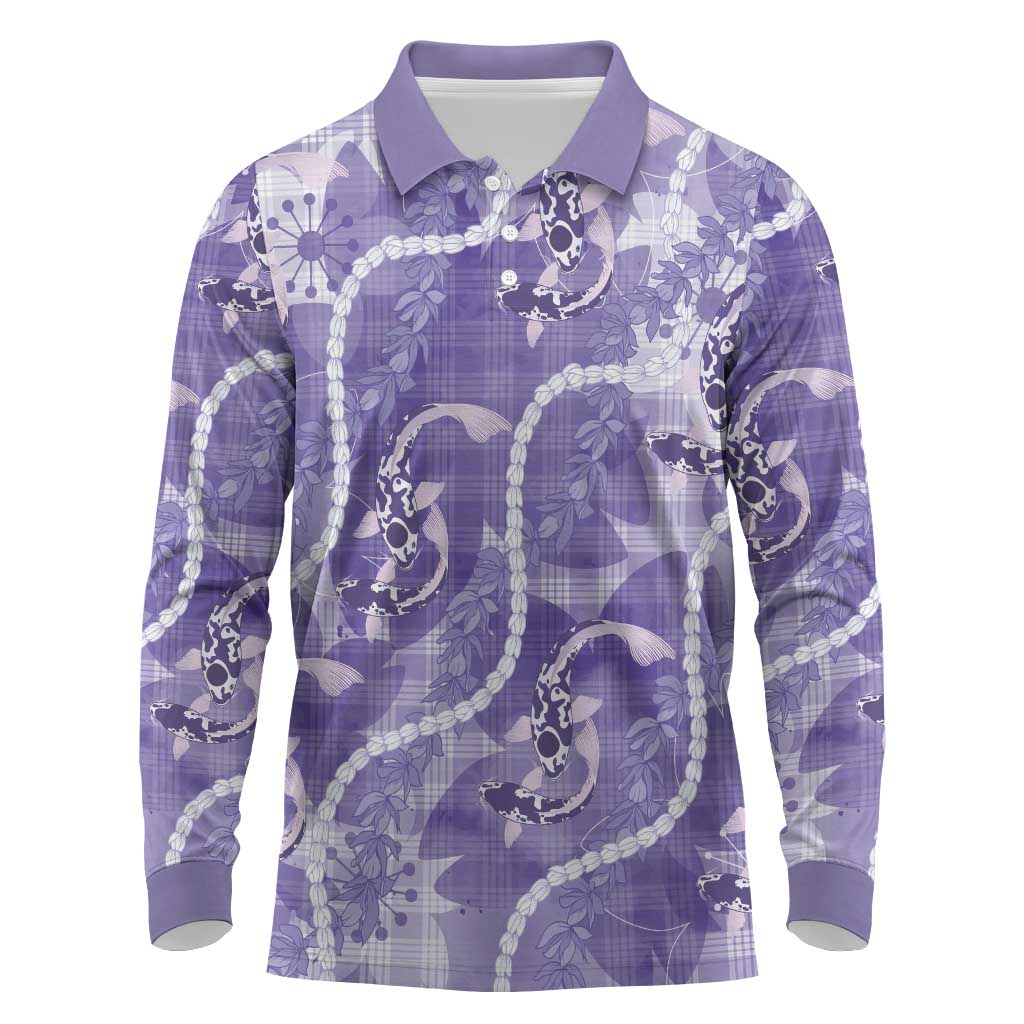 Japanese Koi Fish Long Sleeve Polo Shirt Purple Wagara Palaka Honohono Pikake Lei