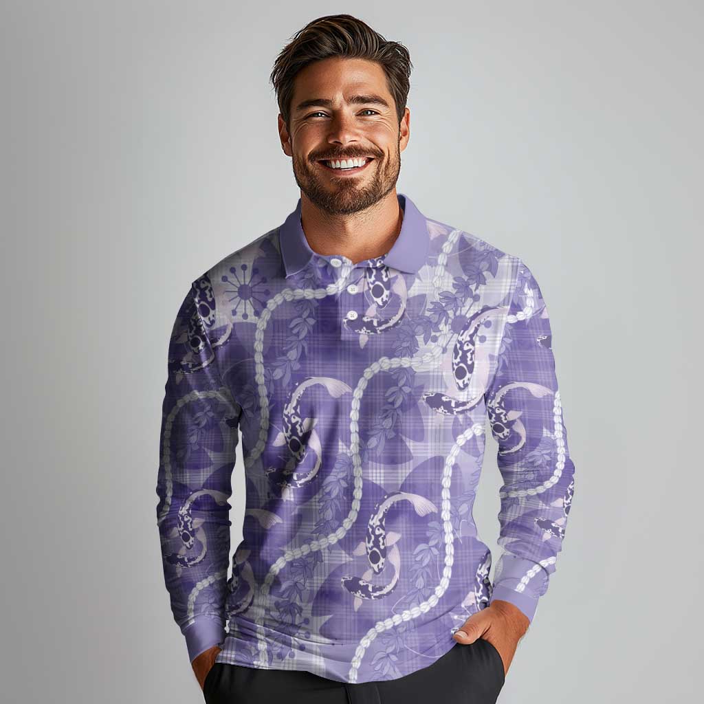 Japanese Koi Fish Long Sleeve Polo Shirt Purple Wagara Palaka Honohono Pikake Lei LT9 - Polynesian Pride
