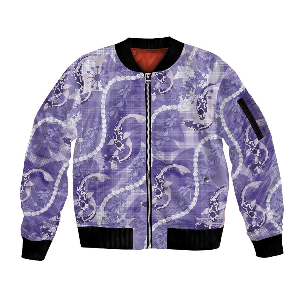 Japanese Koi Fish Sleeve Zip Bomber Jacket Purple Wagara Palaka Honohono Pikake Lei