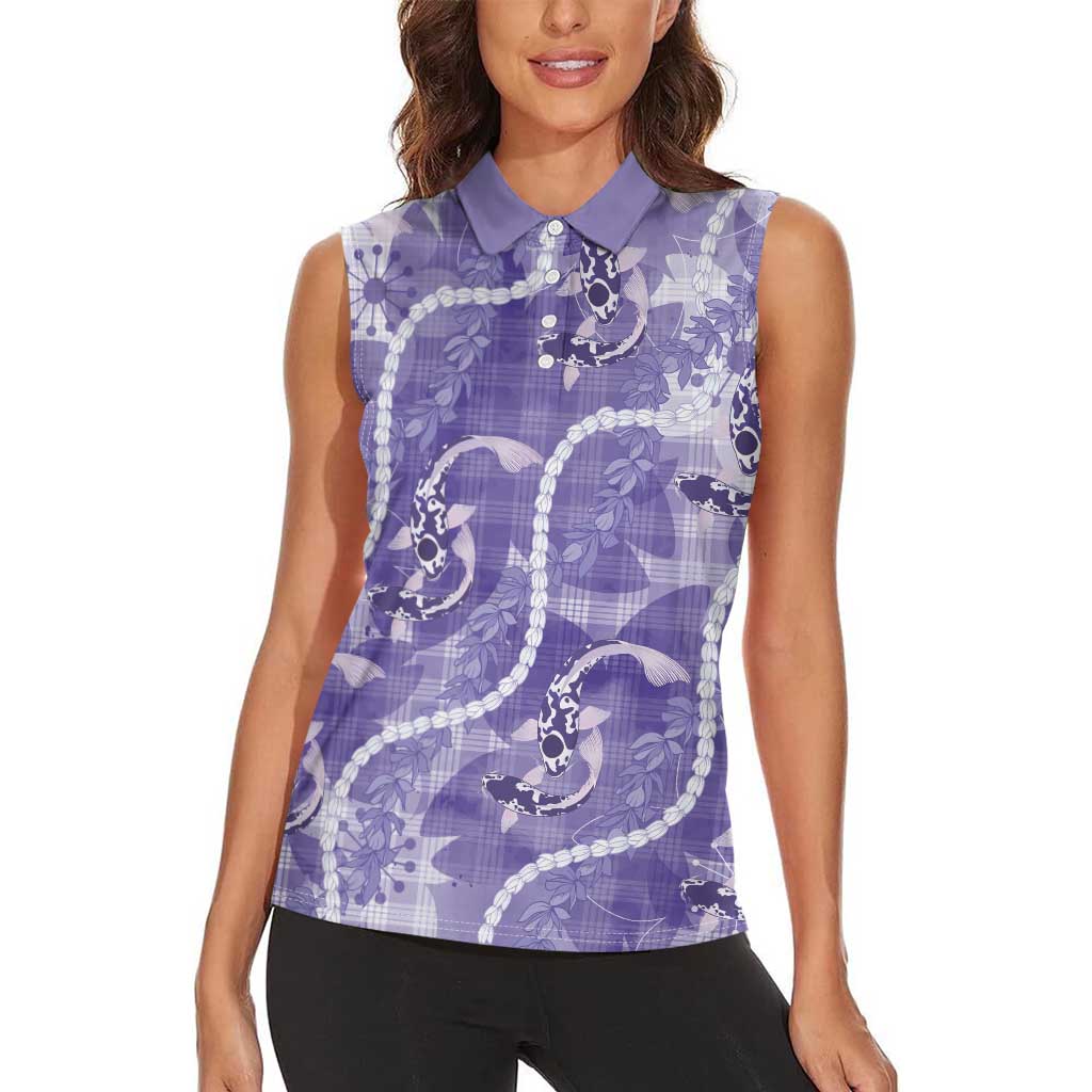 Japanese Koi Fish Women Sleeveless Polo Shirt Purple Wagara Palaka Honohono Pikake Lei LT9 - Polynesian Pride